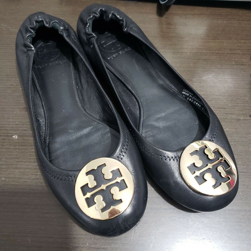 Tory Burch Black Flat Shoes Gold Logo 8M - Picture 2 of 12